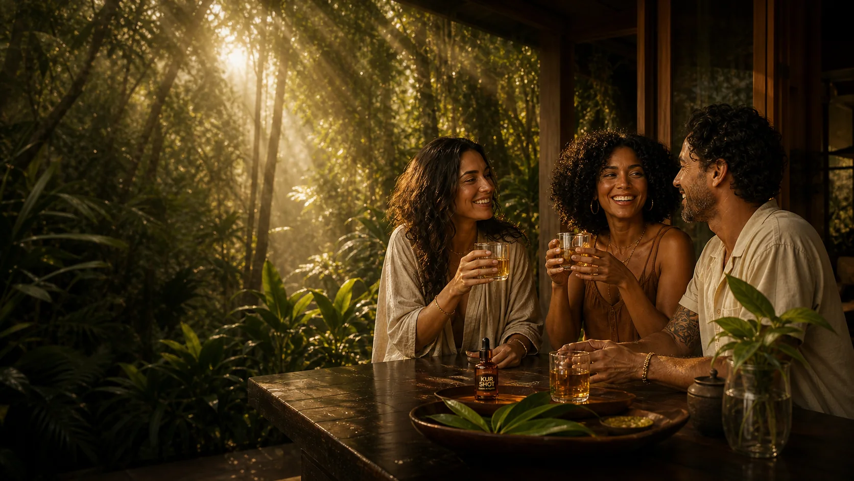 Amigos compartilhando um ritual Kur Shot em meio à natureza