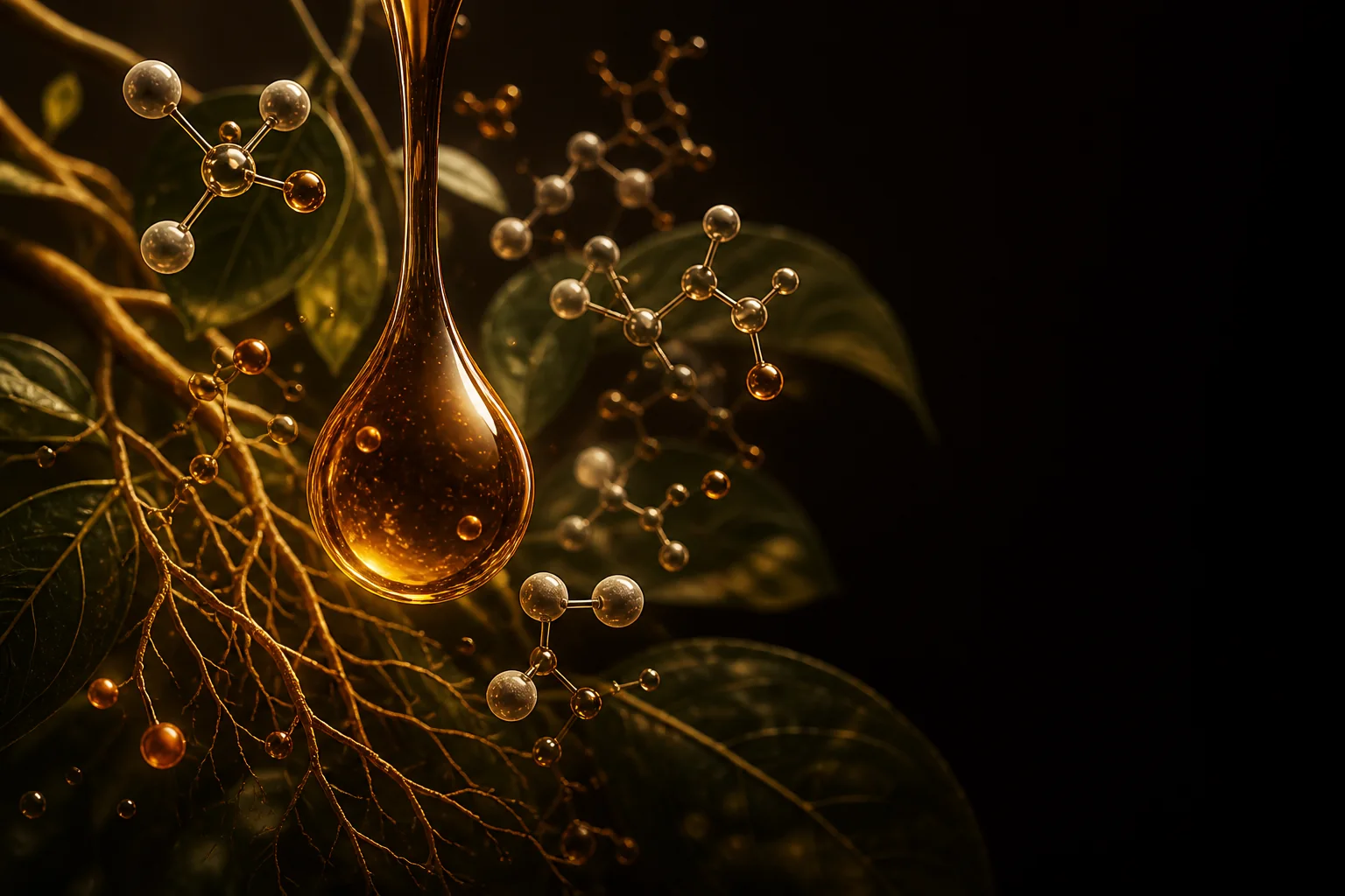 Visualização conceitual de uma gota âmbar entre folhas e estruturas moleculares